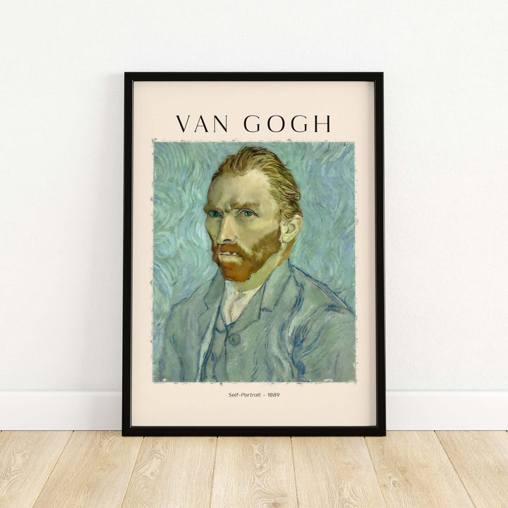 Vincent van Gogh 1889 Self-Portrait art print in black frame, featuring expressive brush strokes and vibrant colors.
