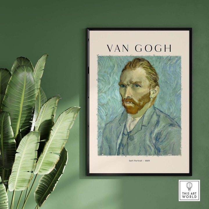 Vincent van Gogh 1889 self-portrait art print on wall with greenery, showcasing expressive brushstrokes and colors.