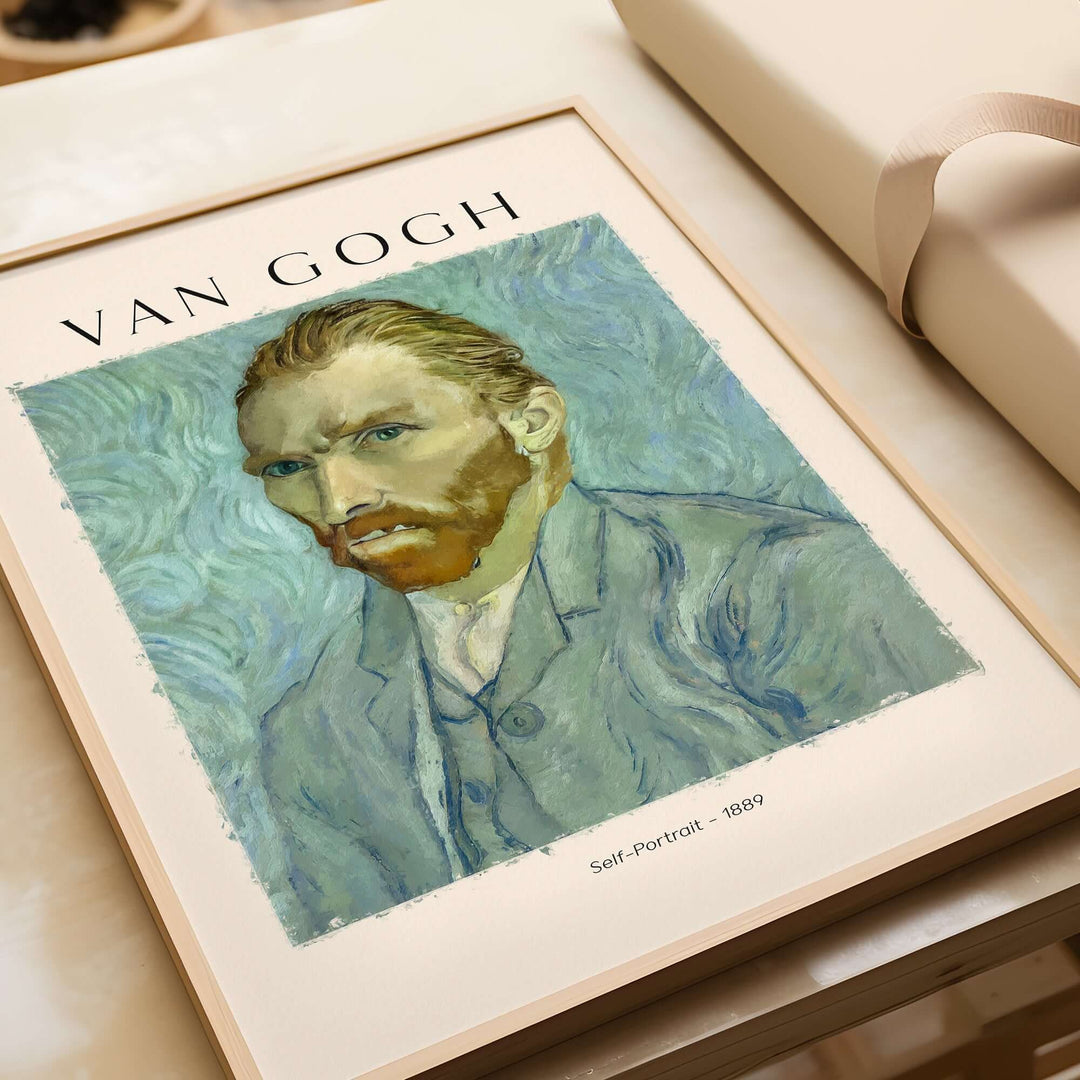 Vincent van Gogh Self-Portrait 1889 art print poster featuring swirling blue and green background.