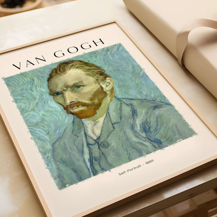 Vincent van Gogh Self-Portrait 1889 art print poster featuring swirling blue and green background.