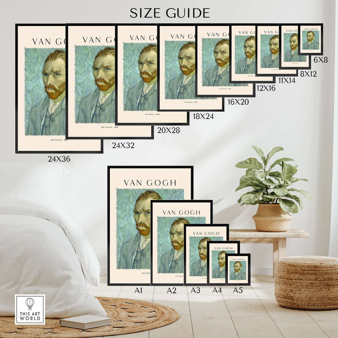 Vincent van Gogh Self Portrait size guide with various print dimensions on modern wall display.