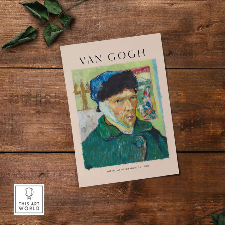 Vincent van Gogh Self Portrait with Bandaged Ear art print poster, 1889, vibrant wall decor for art enthusiasts.