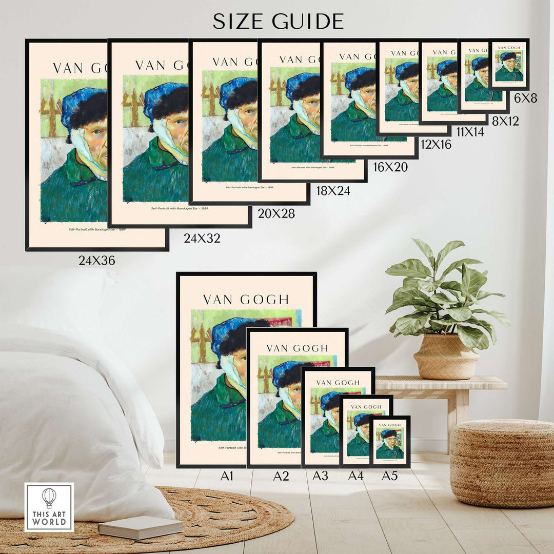 Size guide for Vincent van Gogh Self Portrait art prints in various dimensions on a wall with decor.