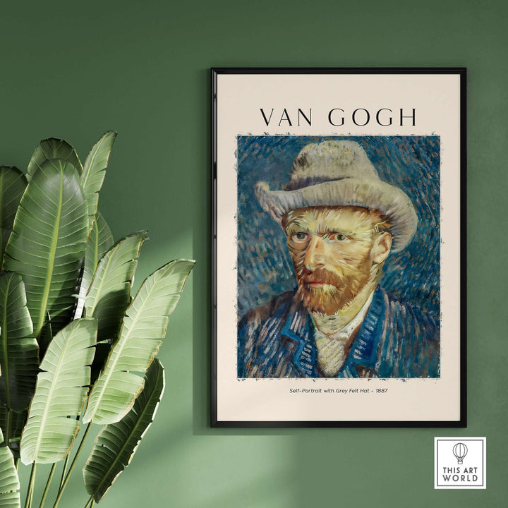 Vincent van Gogh Self-Portrait with Grey Felt Hat 1887 art print poster displayed on a green wall.