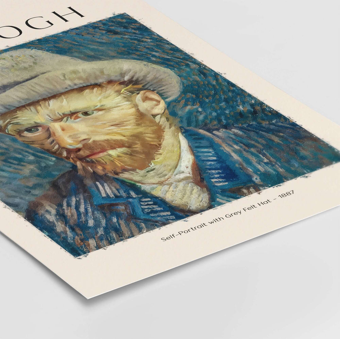 Vincent van Gogh Self-Portrait with Grey Felt Hat, 1887 art print featuring vibrant brushstrokes and rich background.