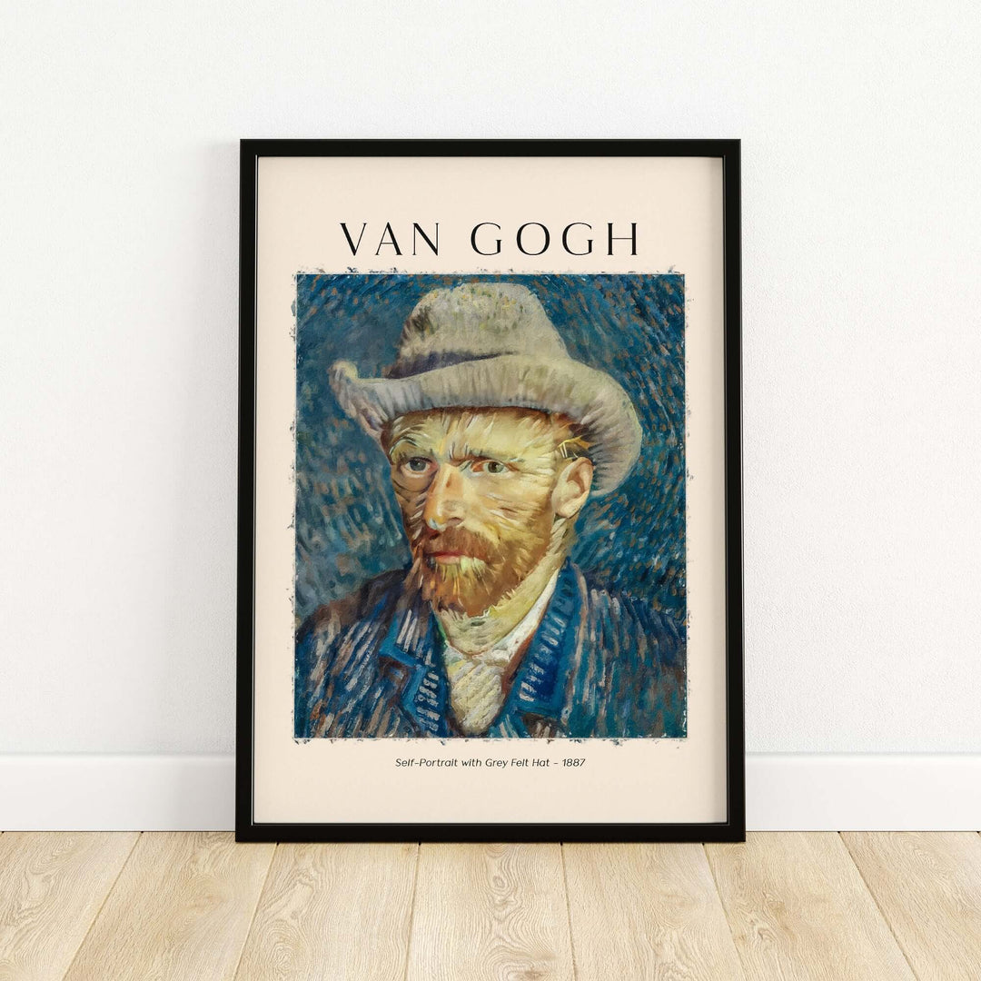 Vincent van Gogh Self Portrait with Grey Felt Hat 1887 art print poster framed on a wall.