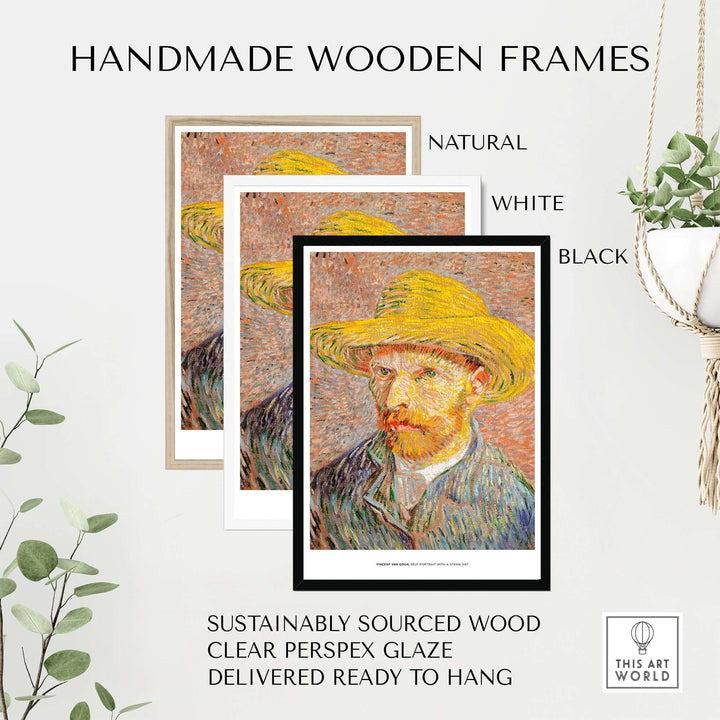 Handmade wooden frames in natural, white, and black for Vincent van Gogh art print, made with sustainably sourced wood.