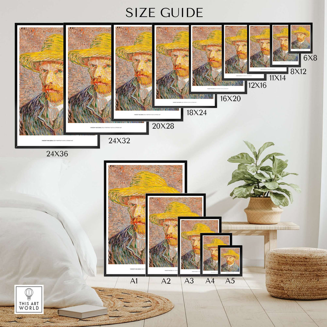 Vincent van Gogh Self Portrait Straw Hat size guide showing various frame sizes for artwork display.
