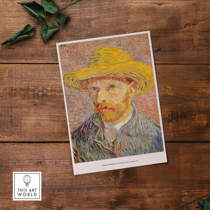 Vincent van Gogh Self-Portrait Straw Hat Art Print on wooden surface showcasing vibrant colors and textured brushwork.