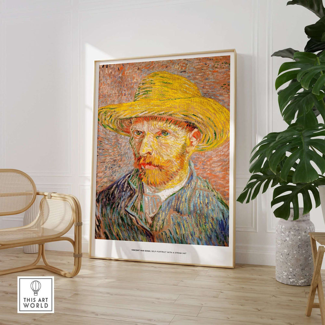 Vincent van Gogh Self Portrait with Straw Hat Post-Impressionist art print displayed in a modern interior setting.