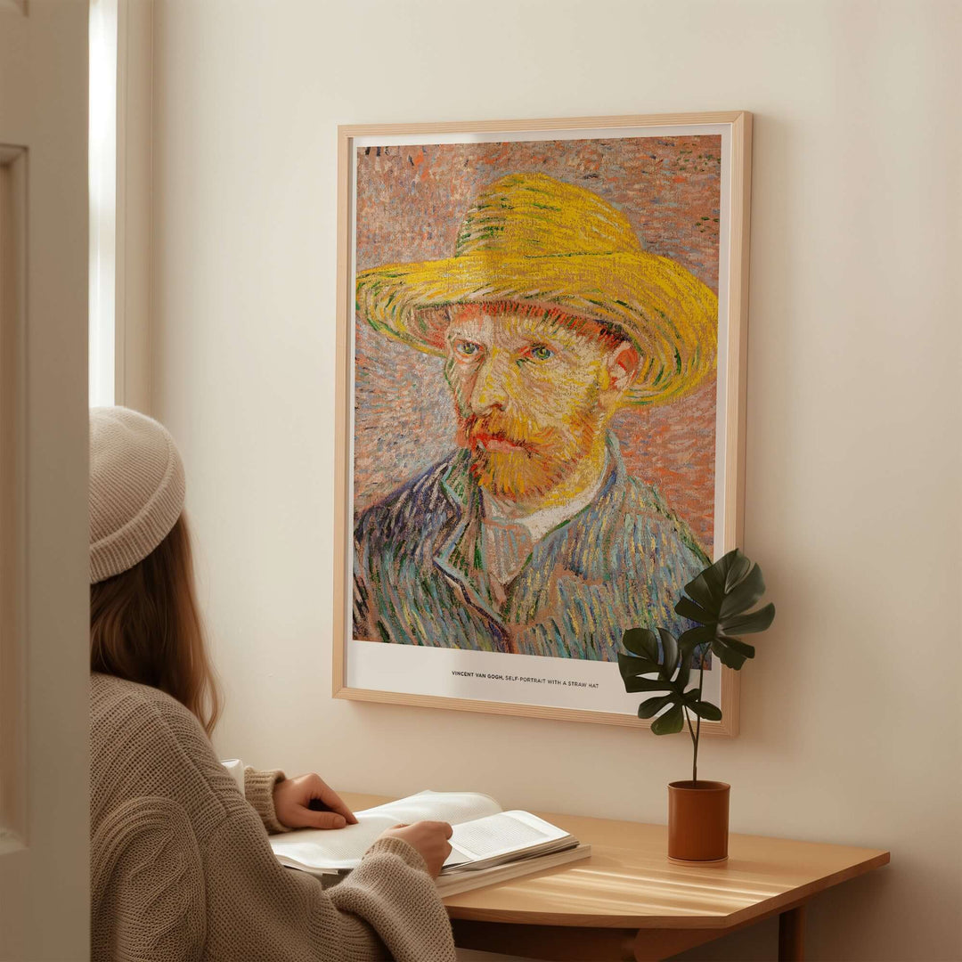 Vincent van Gogh Self-Portrait with Straw Hat art print displayed in a cozy room, showcasing vibrant color and texture.