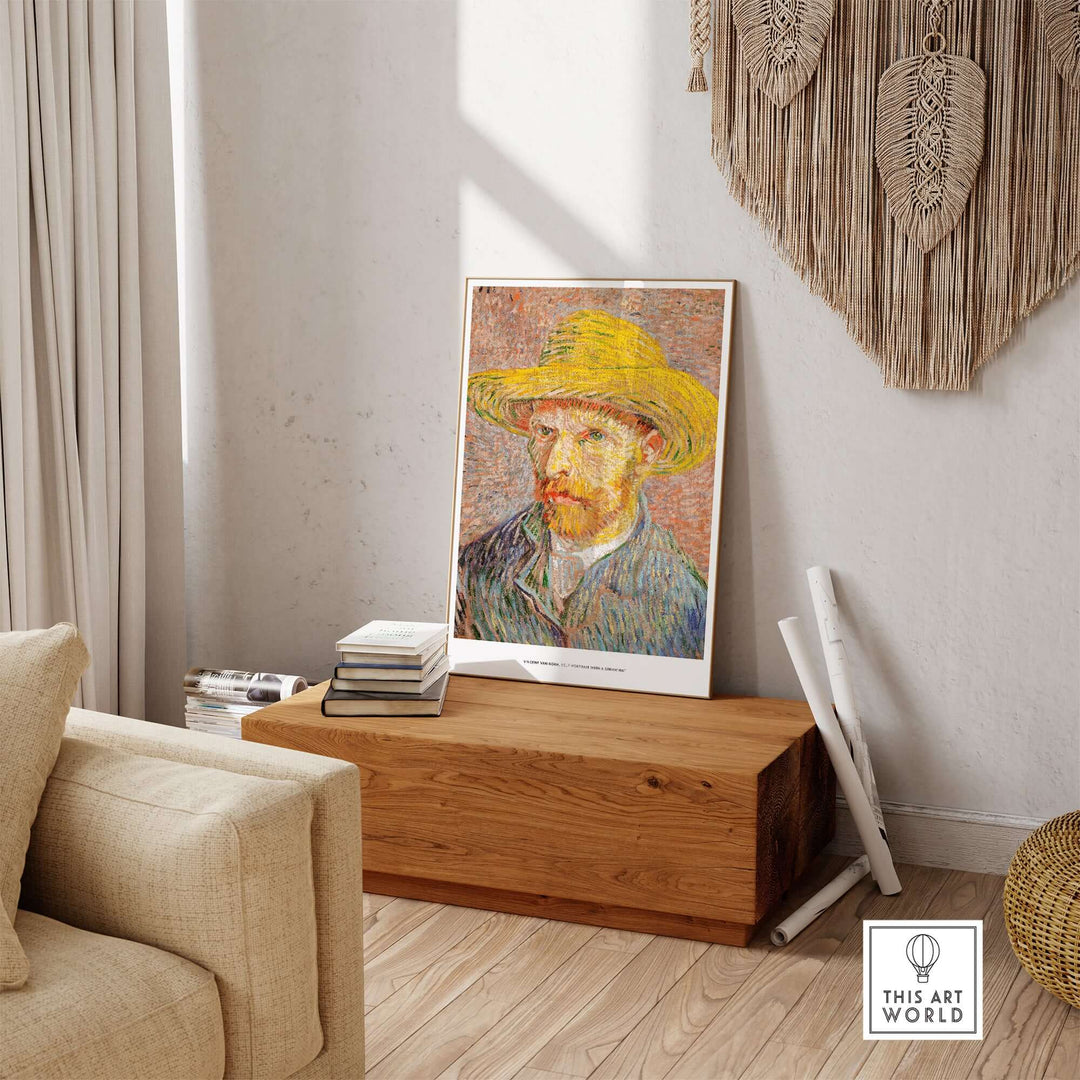 Vincent van Gogh Self Portrait with Straw Hat art print displayed in a modern living room setting.
