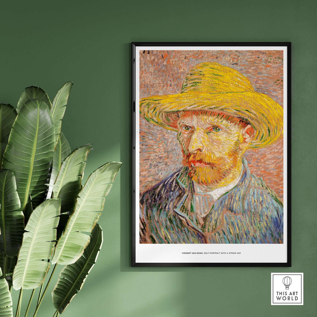 Vincent van Gogh self-portrait with straw hat art print on a green wall, showcasing vibrant colors and brushstrokes.