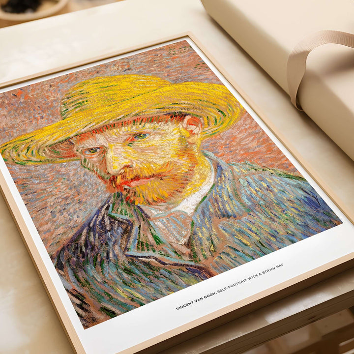 Vincent van Gogh Self-Portrait with Straw Hat art print showcasing vibrant colors and textured brushstrokes.