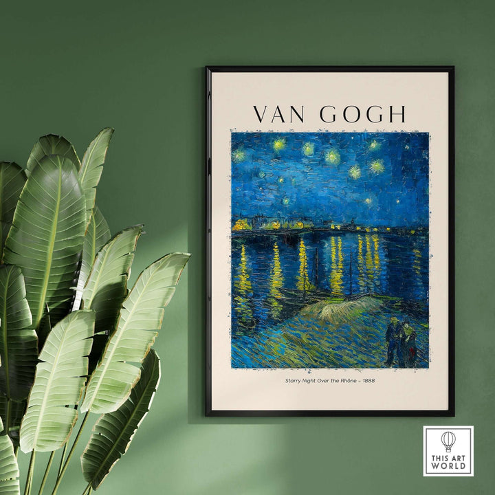 Vincent van Gogh Starry Night Over the Rhône 1888 poster print, showcasing a starry sky and riverside figures on a green wall.