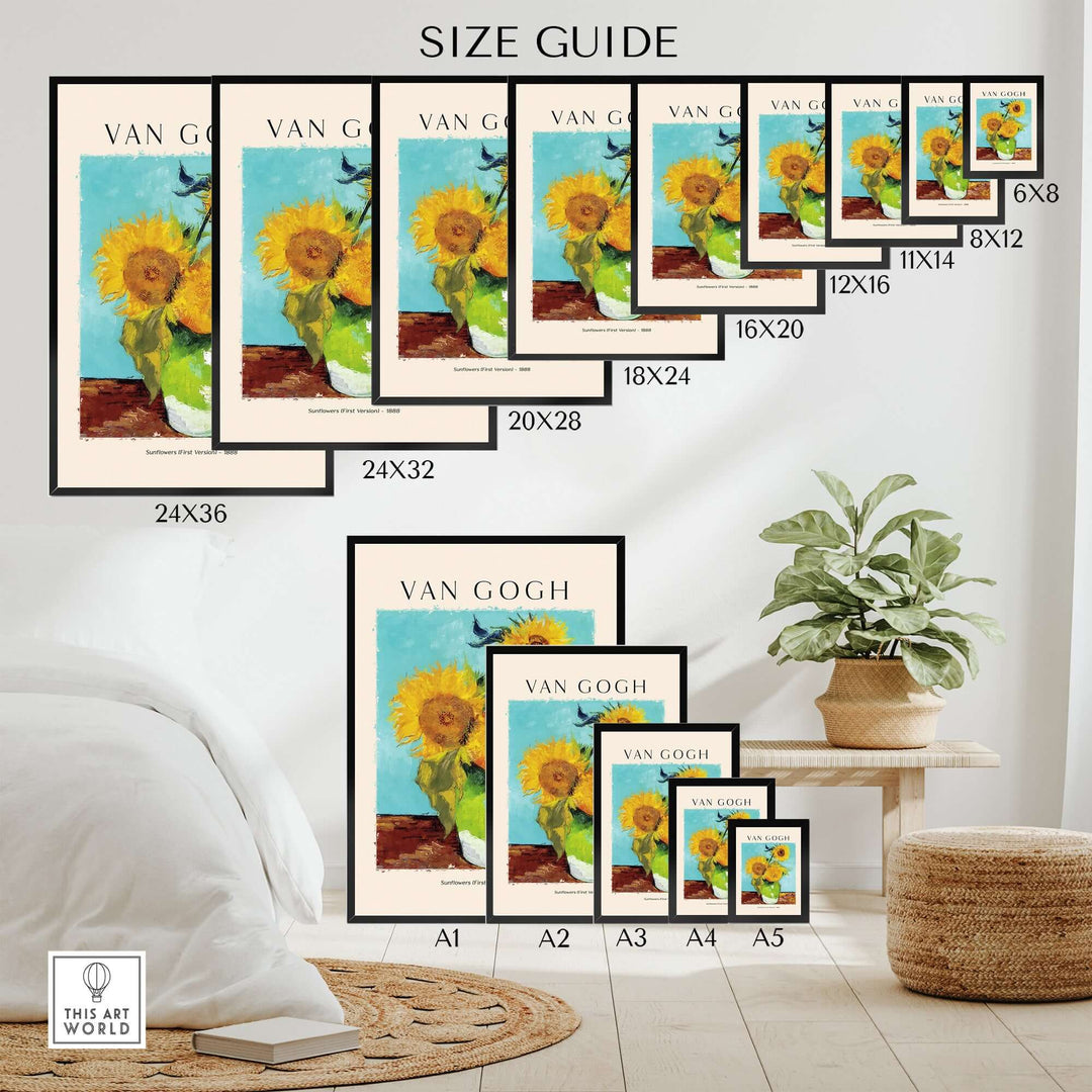 Van Gogh Sunflowers art print size guide displayed with various frame options and a decorative background.