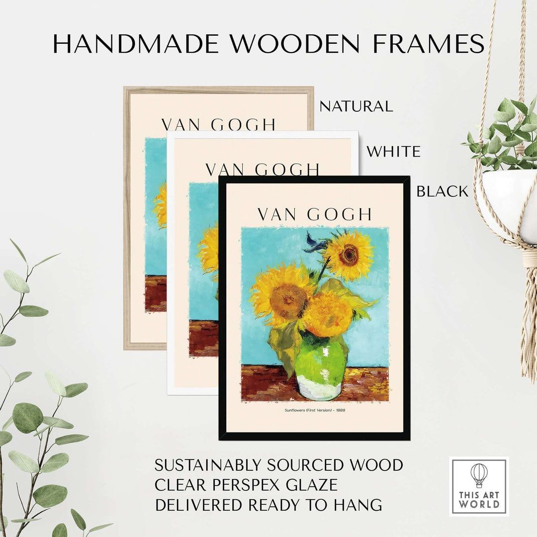 Handmade wooden frames in natural, white, and black with Van Gogh Sunflowers print, sustainably sourced wood.