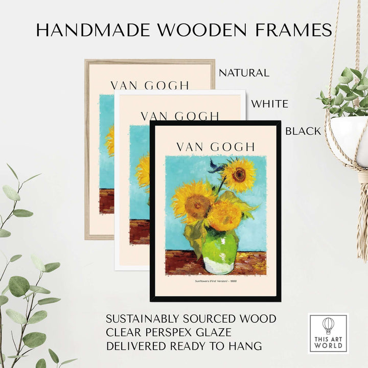 Handmade wooden frames in natural, white, and black with Van Gogh Sunflowers print, sustainably sourced wood.