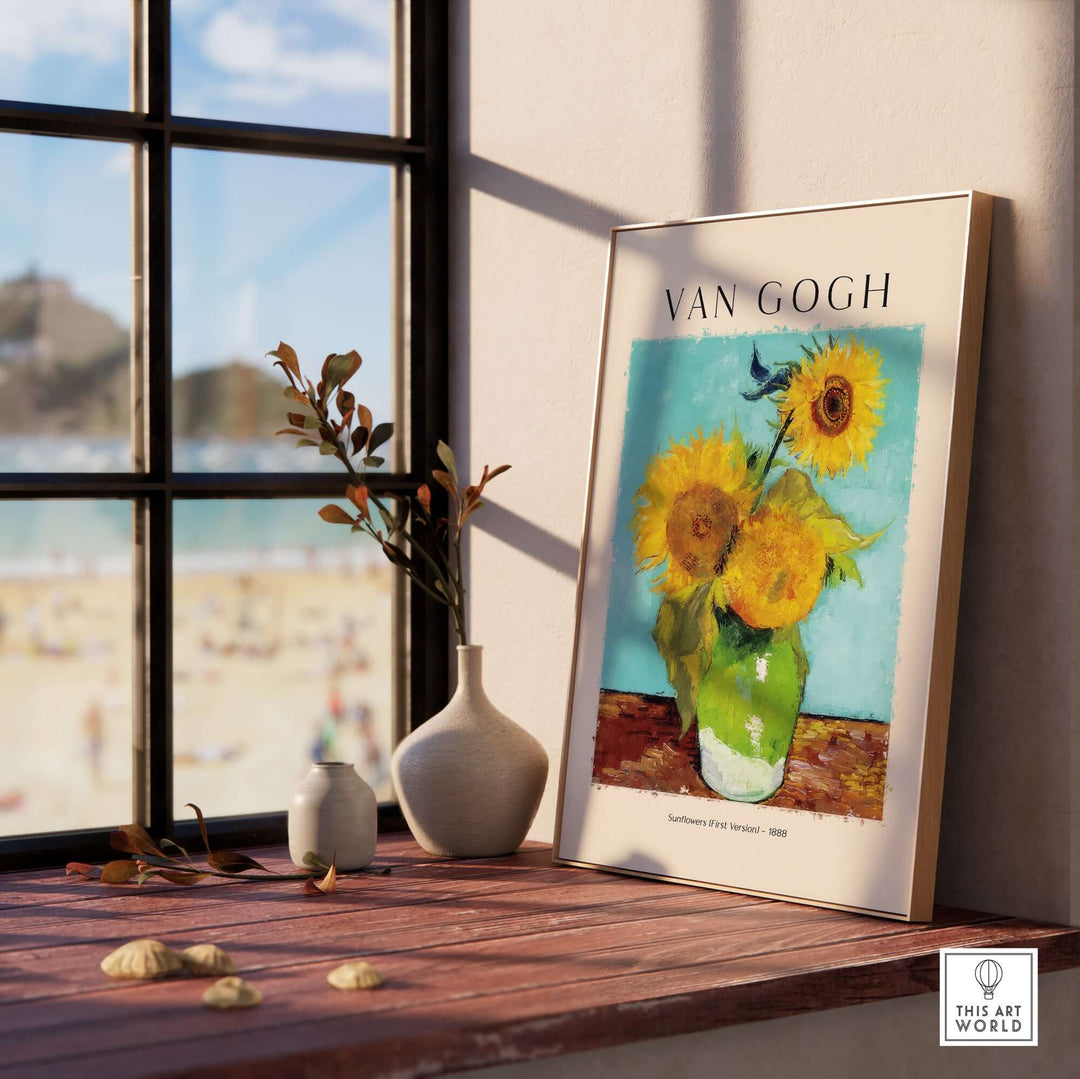 Vincent van Gogh Sunflowers art print poster on a windowsill, featuring vibrant yellow flowers in a green vase.