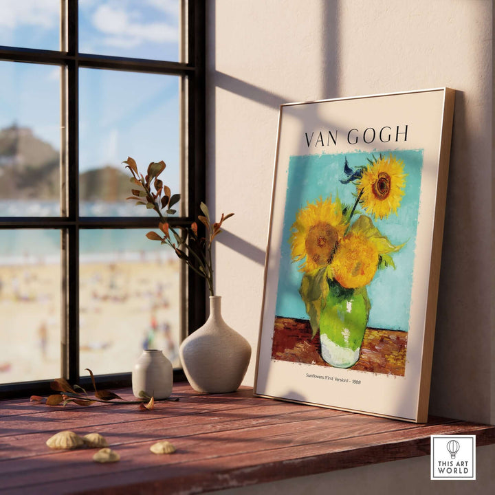 Vincent van Gogh Sunflowers art print poster on a windowsill, featuring vibrant yellow flowers in a green vase.