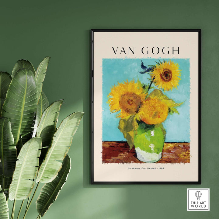 Vincent van Gogh Sunflowers 1888 art print poster showcasing vibrant yellow flowers in a green vase on teal background.