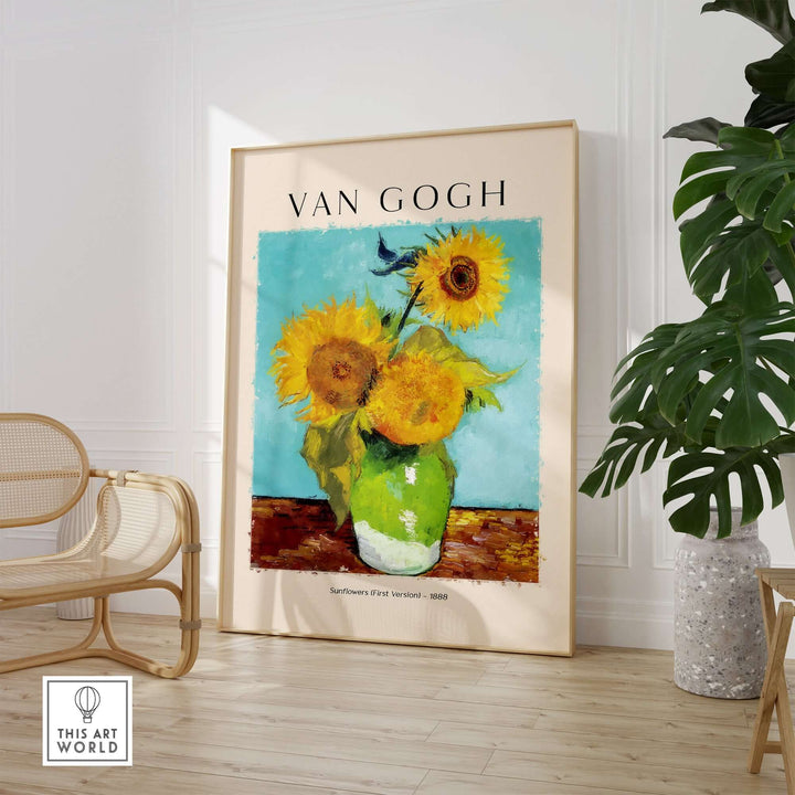 Vincent van Gogh Sunflowers 1888 art print poster featuring vibrant yellow blooms in a green vase against a turquoise background.