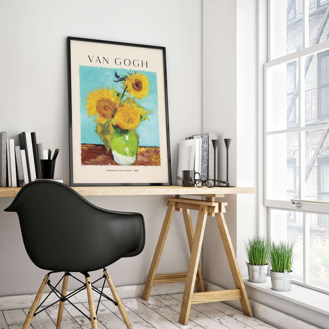 Vincent van Gogh Sunflowers art print in a modern home office setting with black chair and bright natural light.