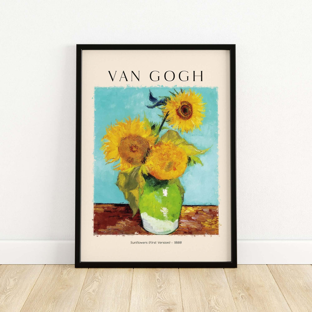 Framed van Gogh Sunflowers print featuring vibrant yellow flowers in a green vase against a turquoise background.