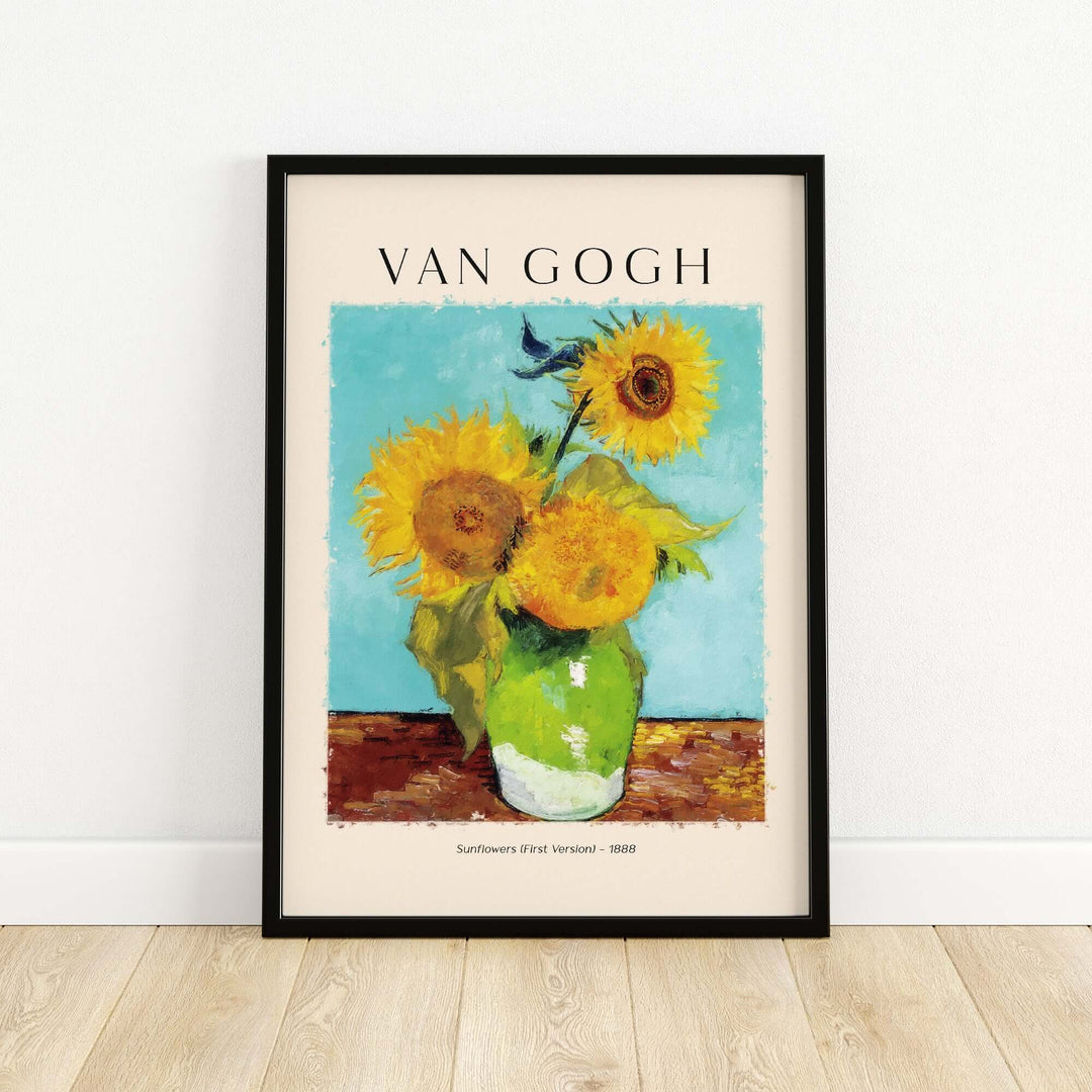 Framed van Gogh Sunflowers print featuring vibrant yellow flowers in a green vase against a turquoise background.