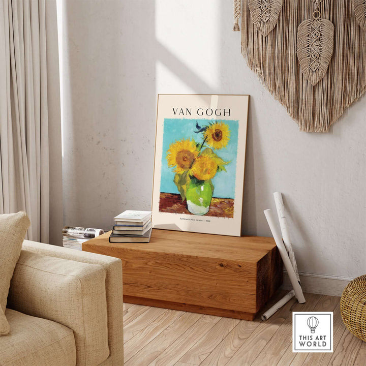 Vincent van Gogh Sunflowers 1888 art print poster in a modern living space with natural decor.