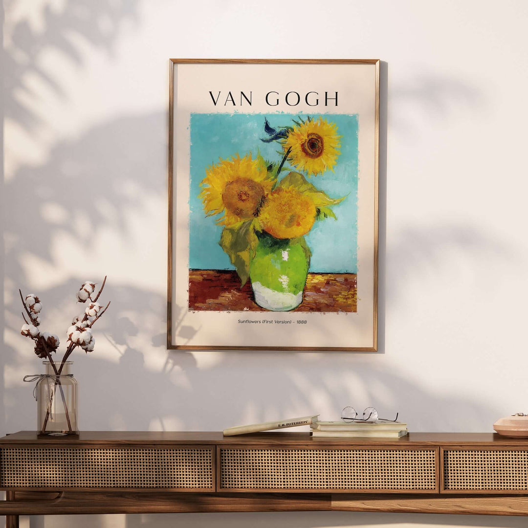 Van Gogh Sunflowers First Version 1888 art print poster with vibrant yellow flowers in a green vase against a turquoise background.