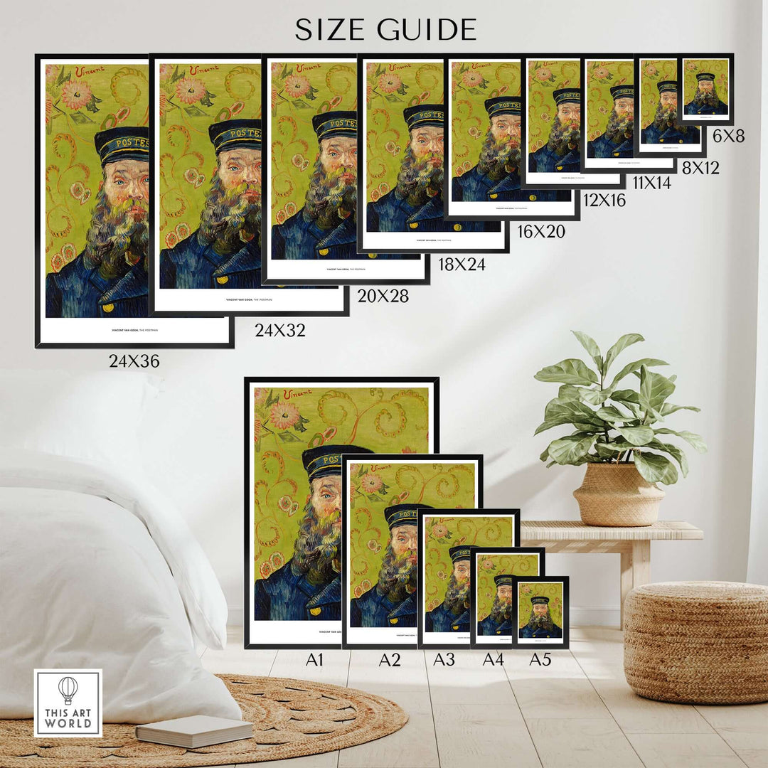 Size guide for Exhibition Art Print of Vincent van Gogh's The Postman portrait wall art.