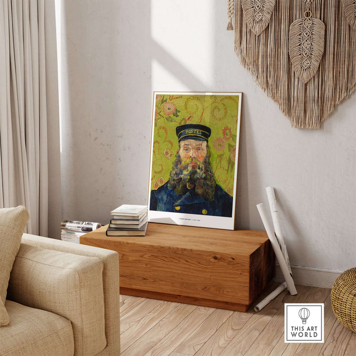 Vincent van Gogh 'The Postman' art print displayed in a modern living room, featuring vivid colors and expressive brushstrokes.