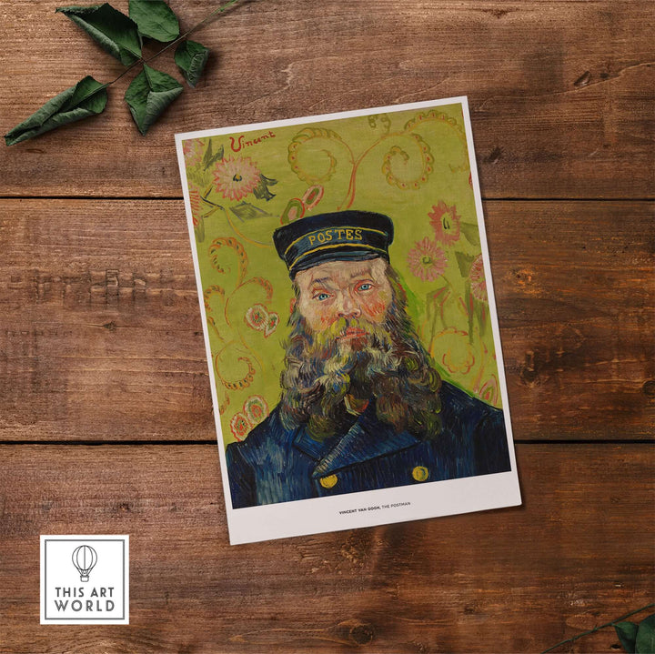 Vincent van Gogh 'The Postman' portrait art print on wood background, showcasing bold colors and expressive brushstrokes.