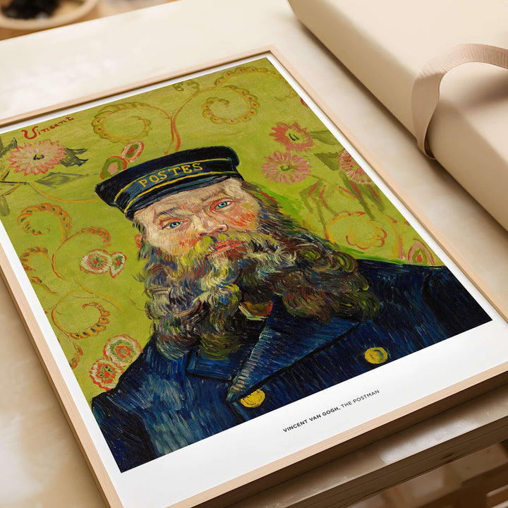 Vincent van Gogh The Postman art print showcasing a bearded man in a postman's uniform with a colorful patterned background.
