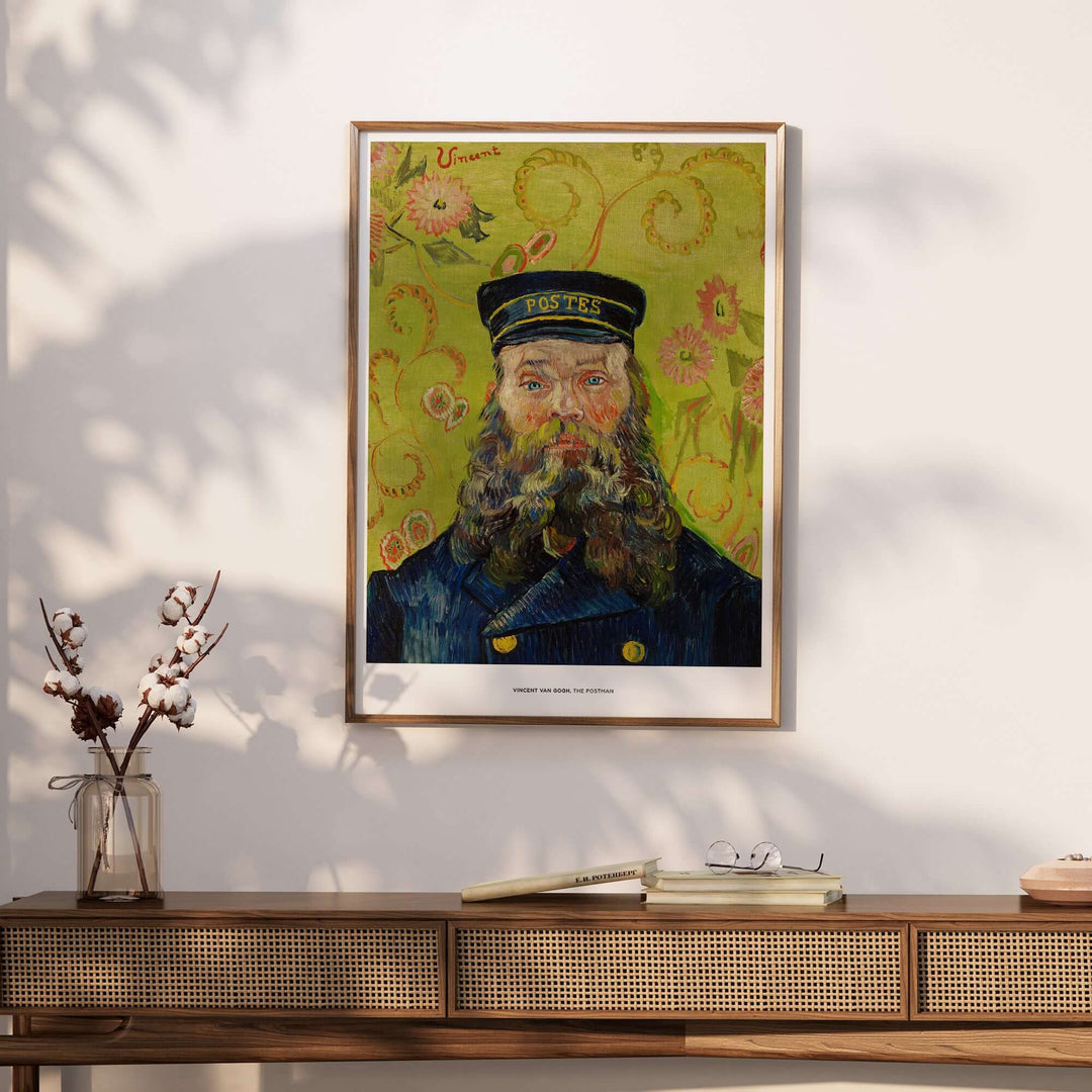 Vincent van Gogh's 'The Postman' art print featuring a bearded man in a postal uniform, vibrant colors on display.