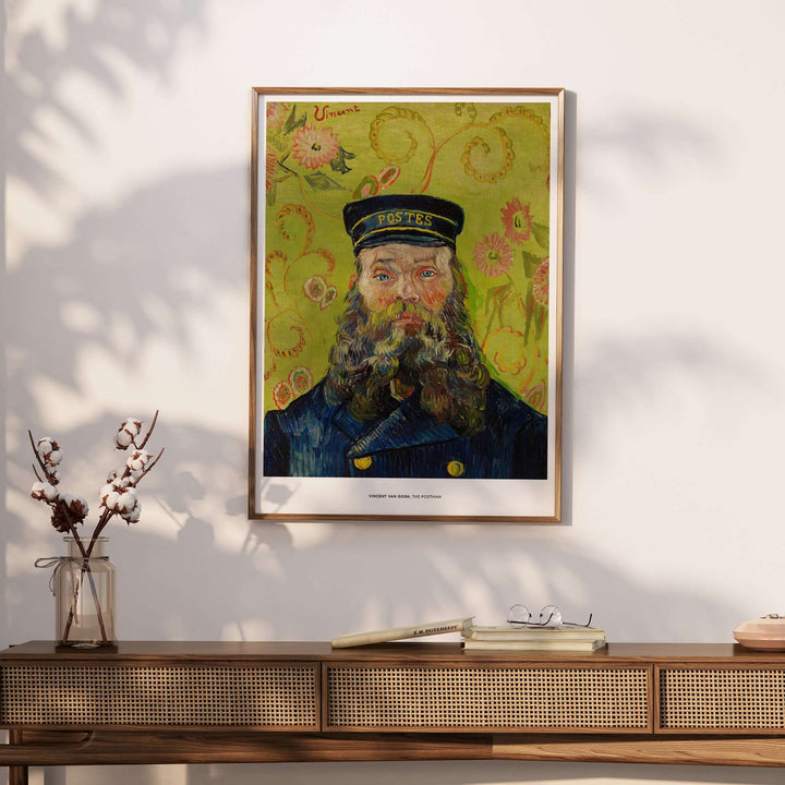 Vincent van Gogh's 'The Postman' art print featuring a bearded man in a postal uniform, vibrant colors on display.