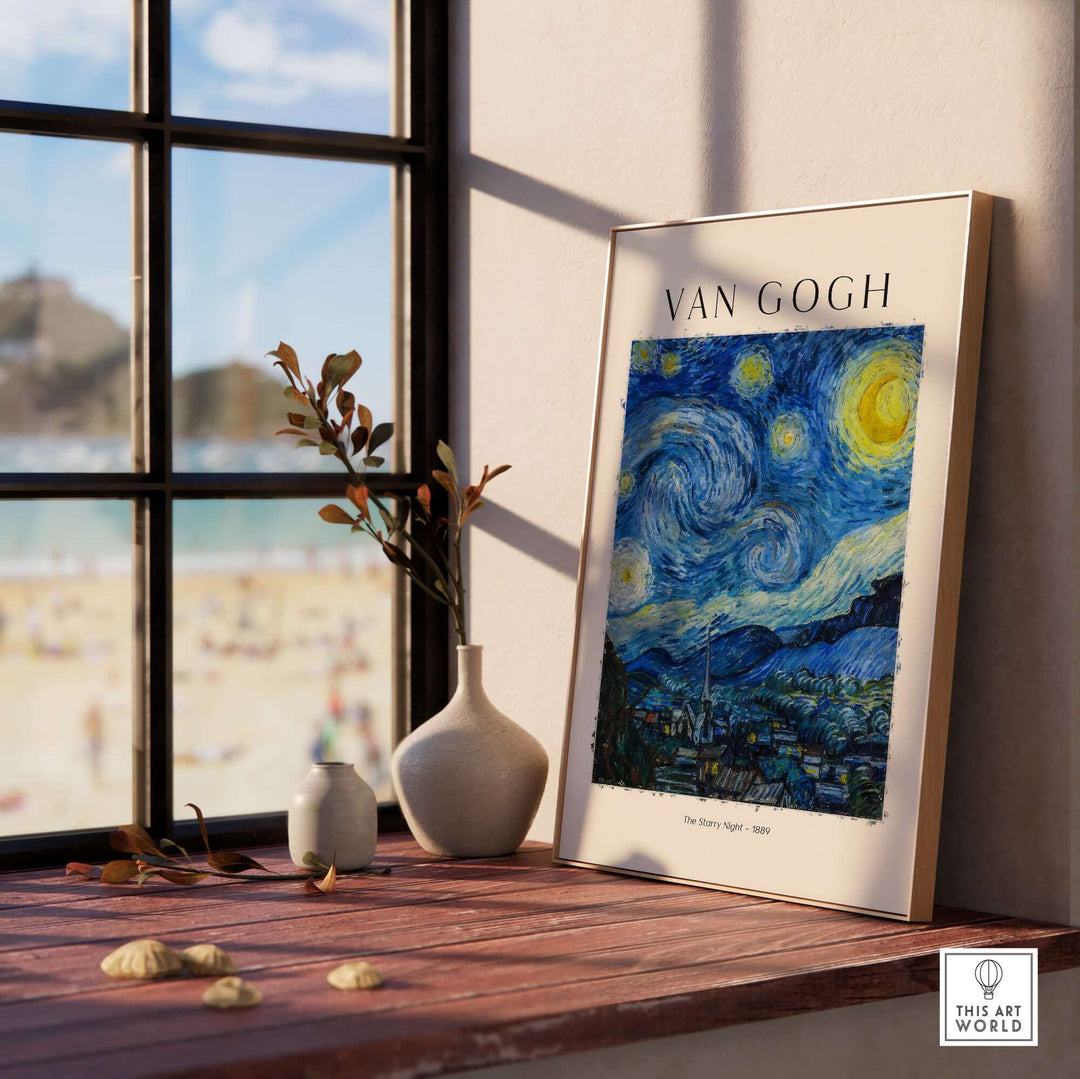Vincent van Gogh The Starry Night art print poster displayed in a sunlit interior with a beach view.
