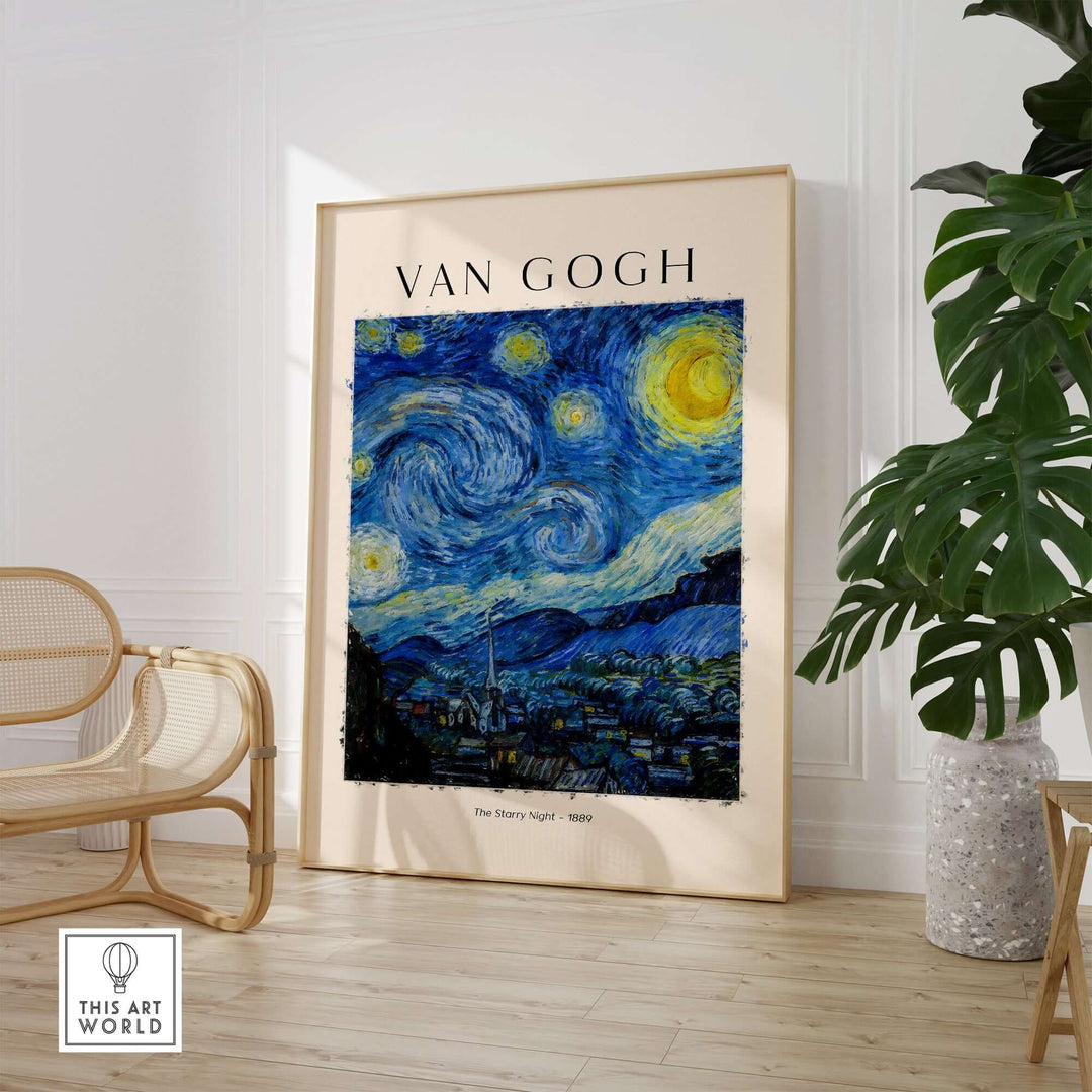 Vincent van Gogh The Starry Night art print poster displayed in chic interior with modern decor.