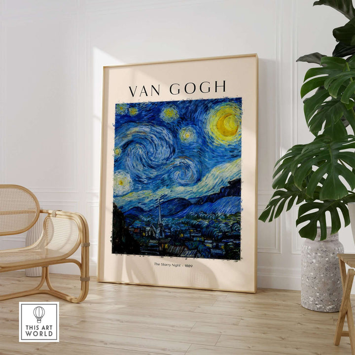 Vincent van Gogh The Starry Night art print poster displayed in chic interior with modern decor.