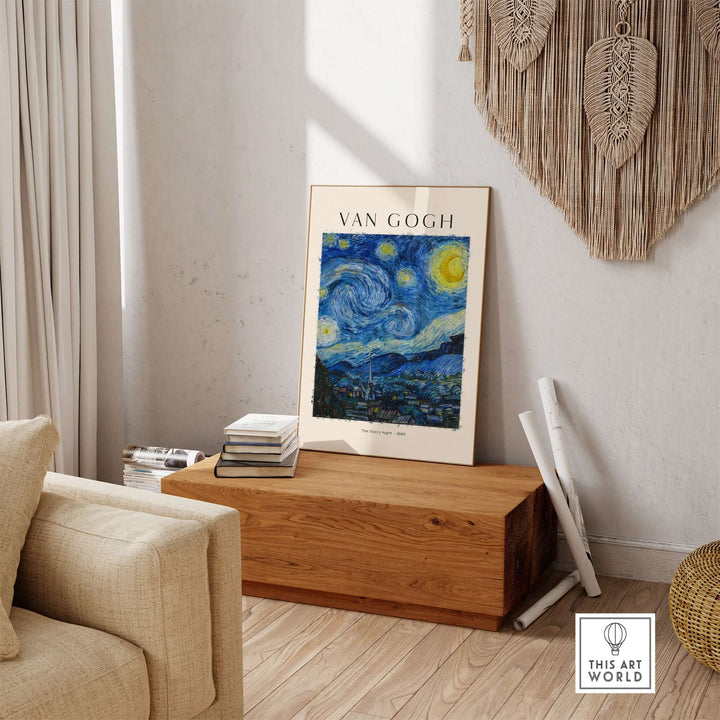 Vincent van Gogh The Starry Night art print poster displayed in a modern living room setting.