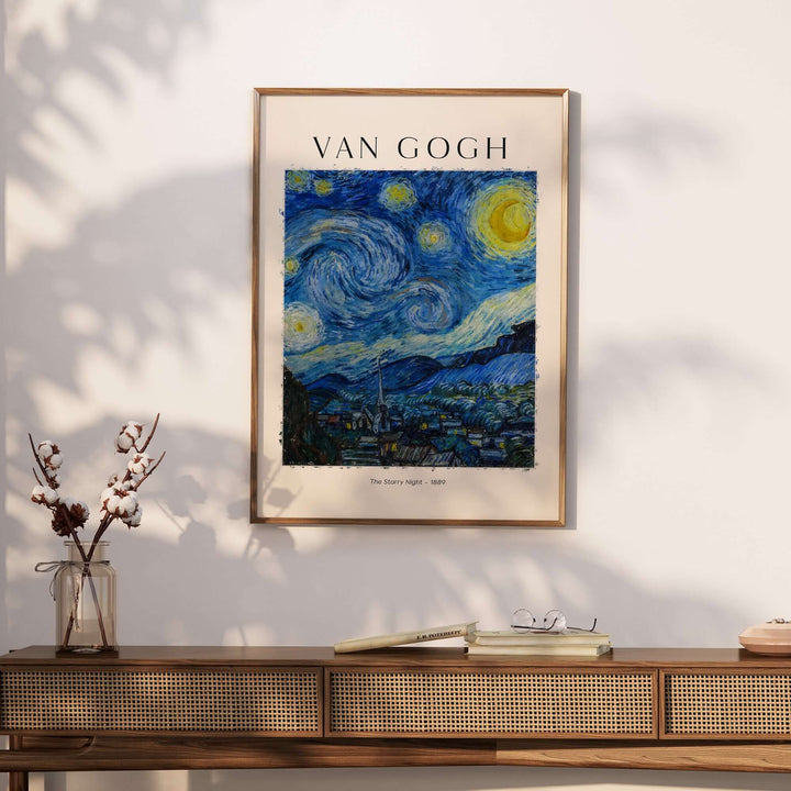 Vincent van Gogh The Starry Night 1889 art print poster displayed in a stylish room with modern decor.