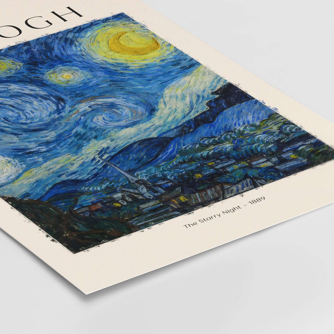 Vincent van Gogh Starry Night print poster featuring vibrant colors and swirling sky, showcasing the iconic cypress tree.