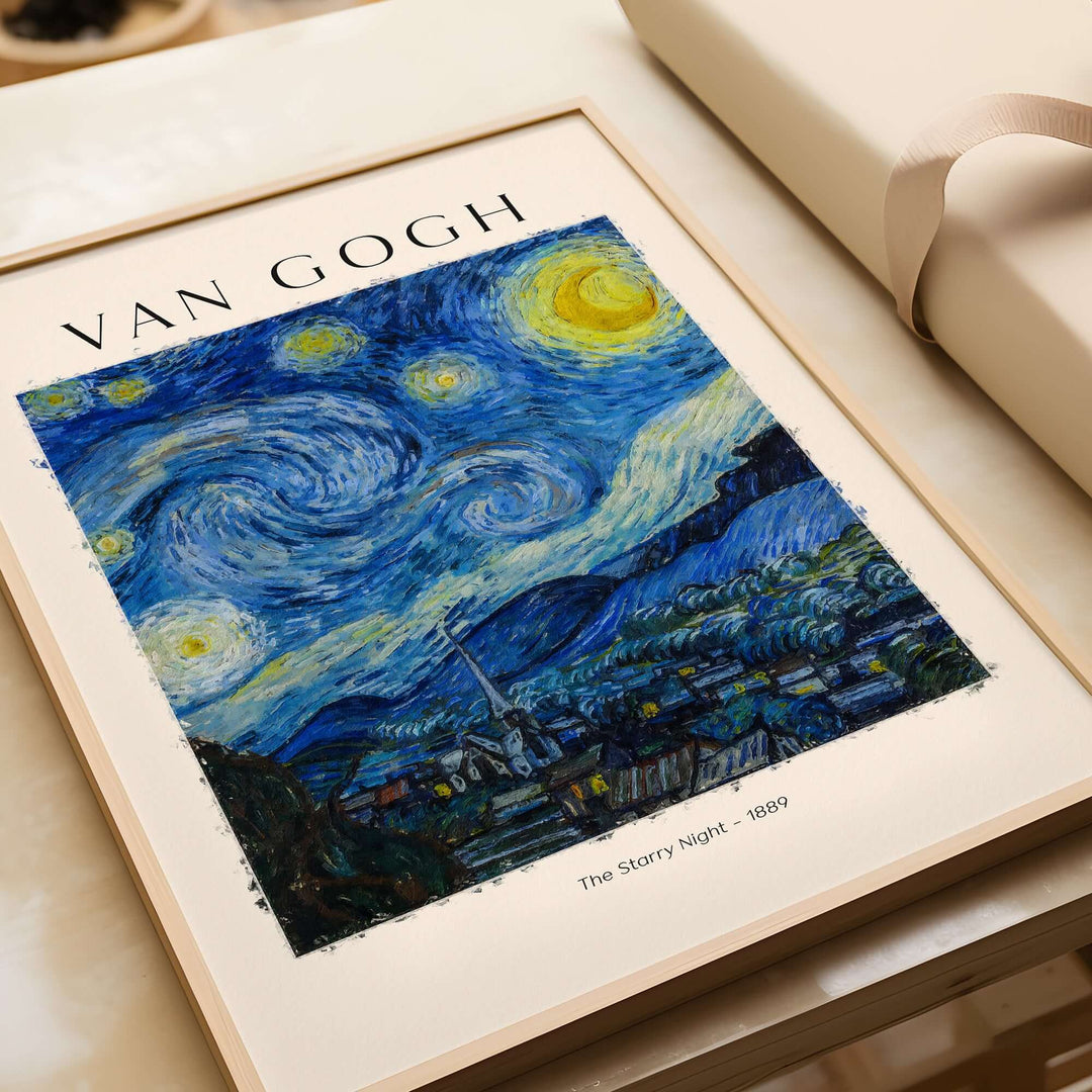 Framed print of Van Gogh's 'The Starry Night' (1889) showcasing vibrant colors and swirling patterns.