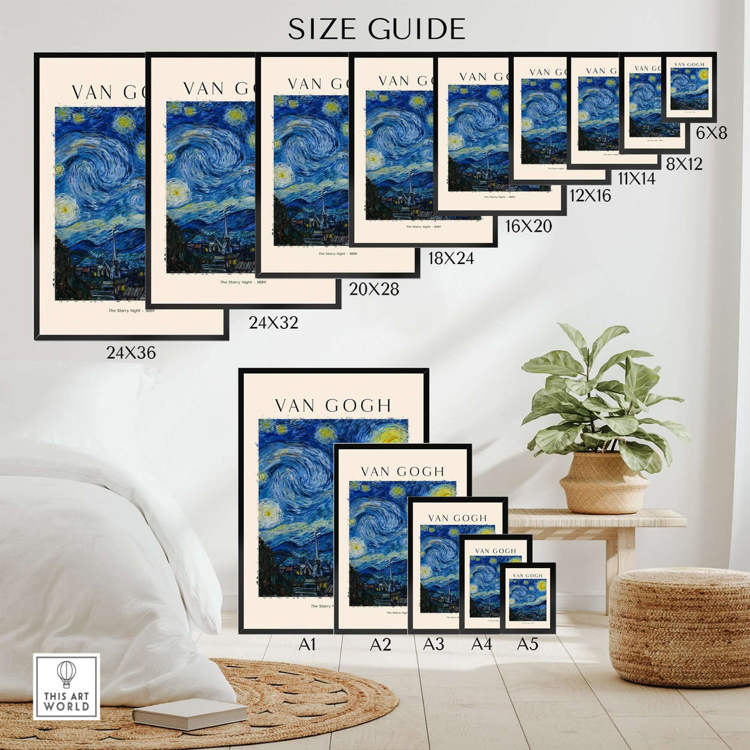 Size guide for Vincent van Gogh The Starry Night art prints in various frame sizes.