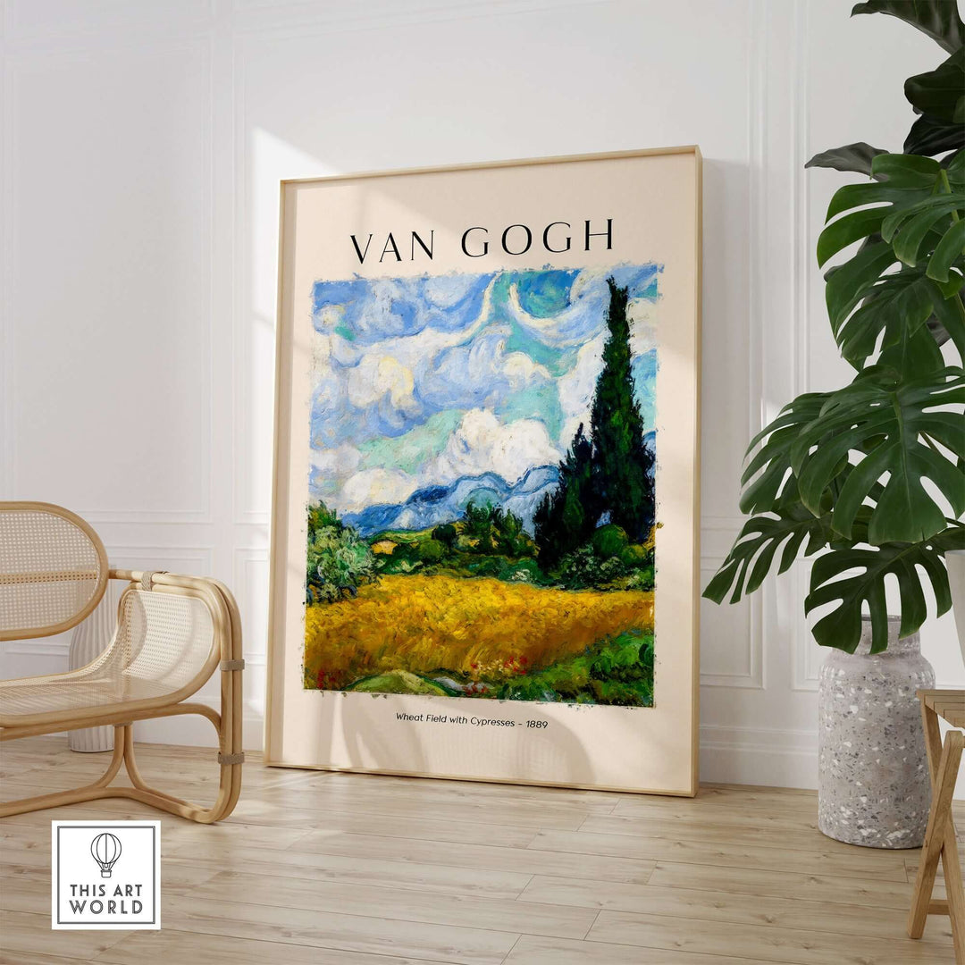 Vincent van Gogh Wheat Field with Cypresses 1889 art print displayed in a modern interior with greenery.