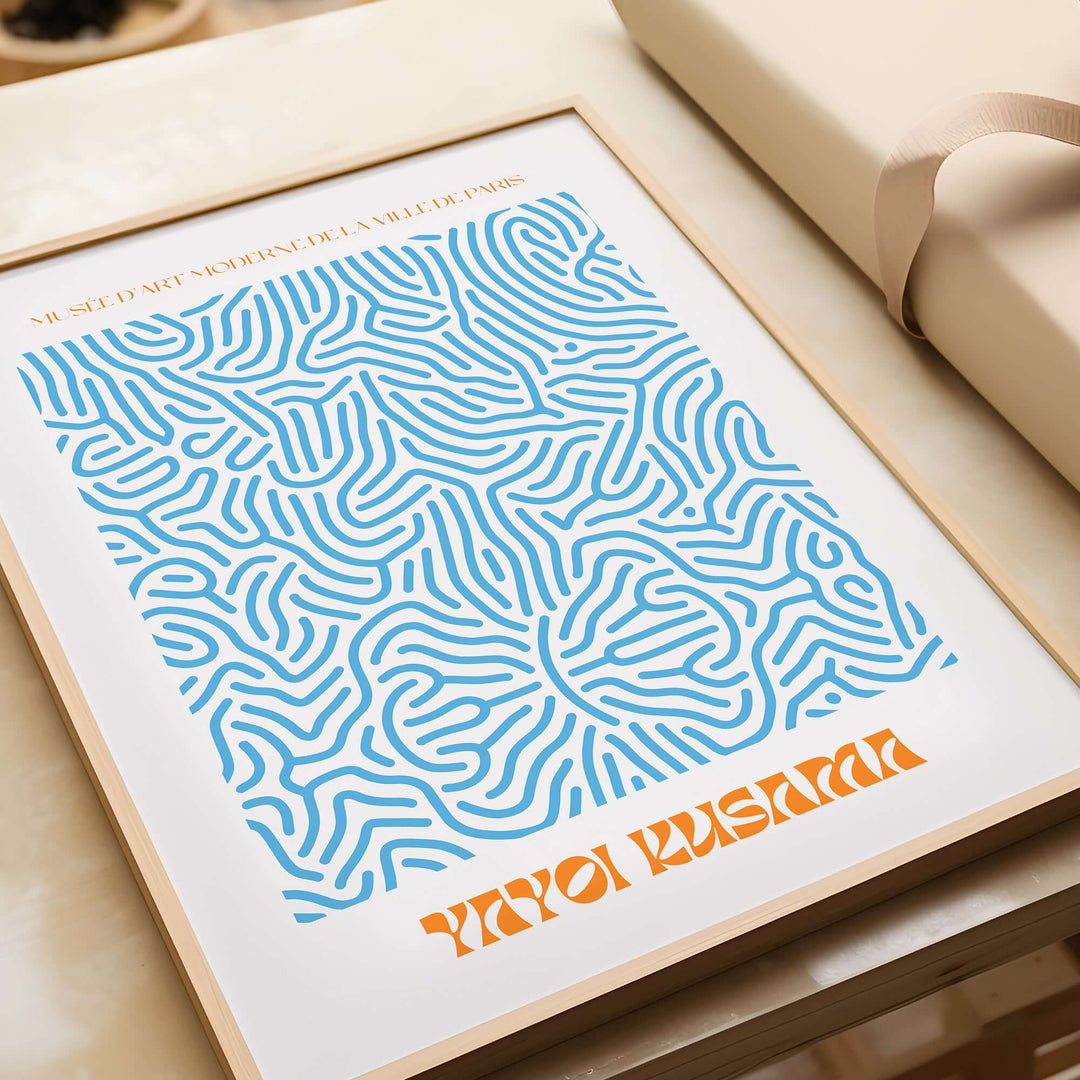 Yayoi Kusama Blue Infinity Net Pattern Art Print with vibrant design and modern decor aesthetic.