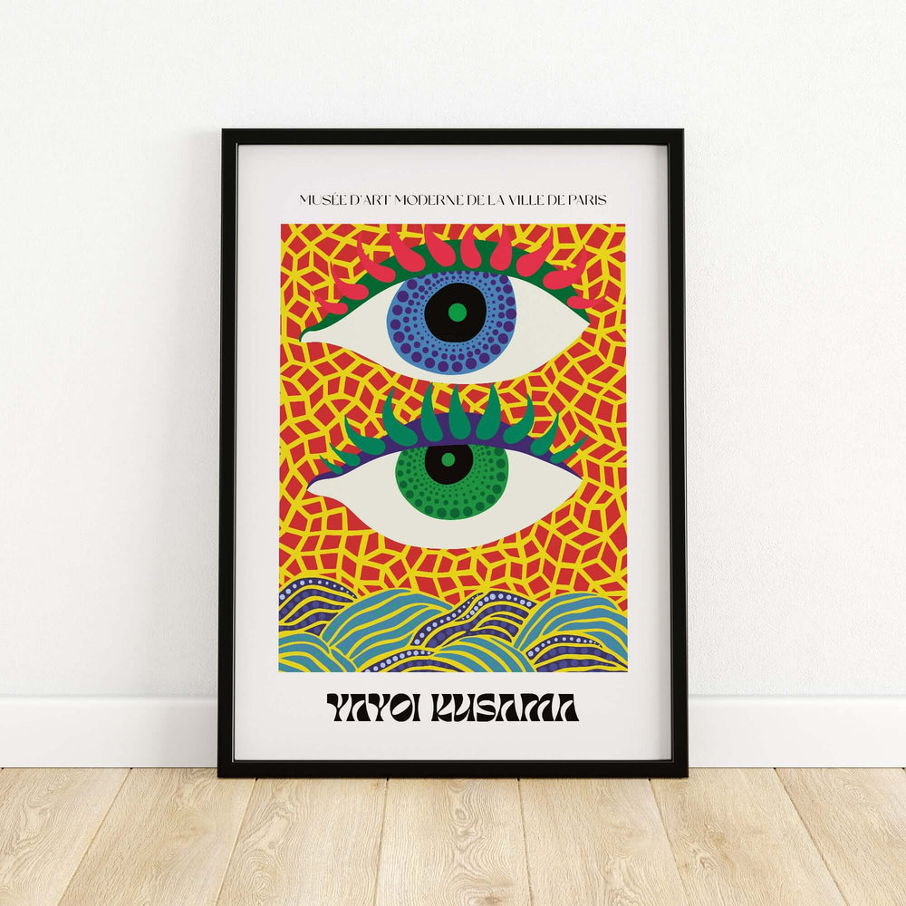 Yayoi Kusama Colorful Eyes Abstract Art Print Paris Poster with stylized eyes and bold geometric pattern.