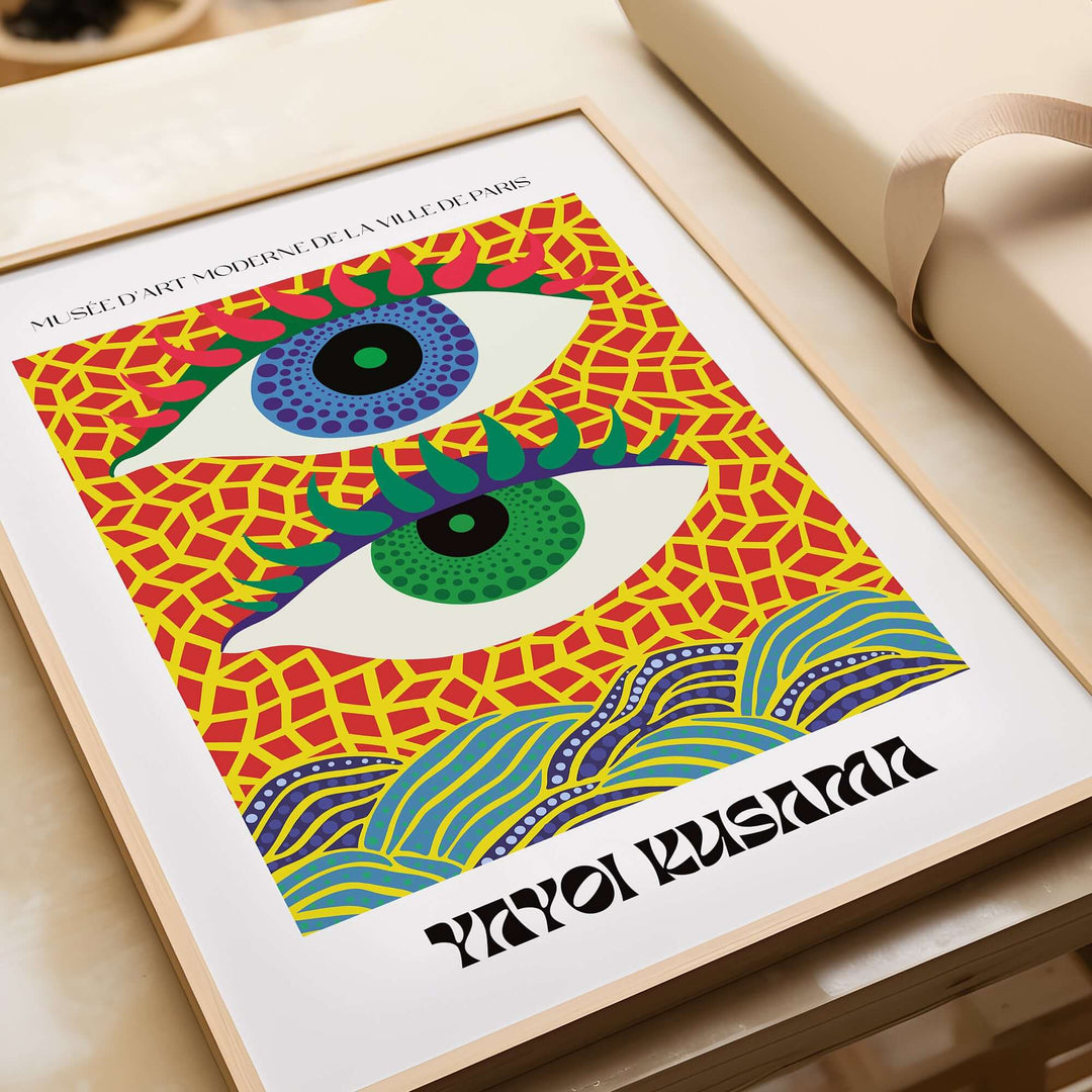 Yayoi Kusama colorful abstract art print featuring large eyes and geometric patterns, perfect for contemporary decor.