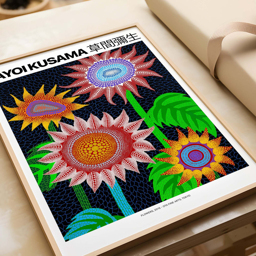Yayoi Kusama colorful flowers art print poster featuring vibrant blooms and polka dots on a dark blue background.
